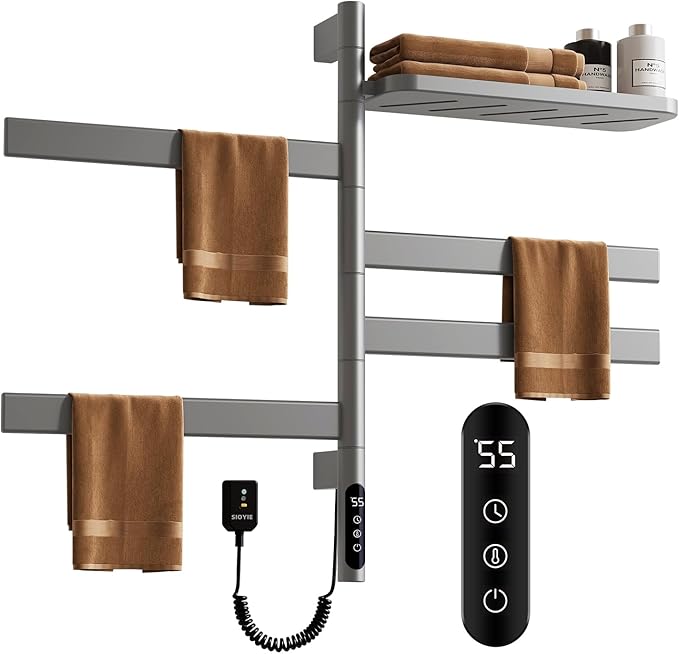 ENZE Smart Rotating Heated Towel Rack for Bathroom, Wall-Mounted Electric Towel Dryer with Swivel Bars & Shelf, Smart Timer, Low Carbon Steel, Plug-in/Hardwired, Towel Warmer with Wi-Fi App Control