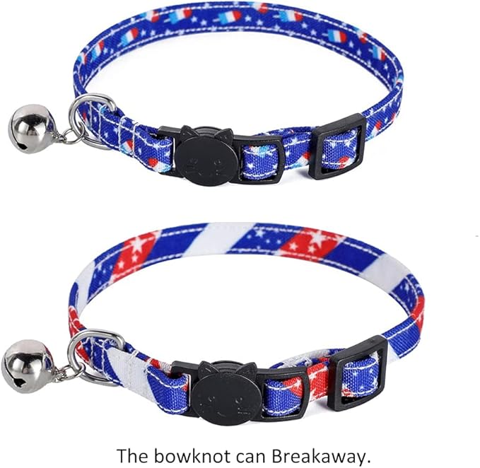 2-Pack Breakaway Cat Collars with Removable Double-Layer Bow Tie and Bell for Boy and Girl Cats Safety Kitten Collars Suitable for Festivals and Daily. (Independence Day 2)