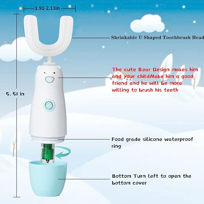 Kids Electric Toothbrush，U Shaped Toothbrush Waterproof Battery Powered 360 Automatic Sonic Toddler Toothbrushes for 8-13 Years Old for Boys Girls ，with 2 Replacement Brush Heads（Blue）