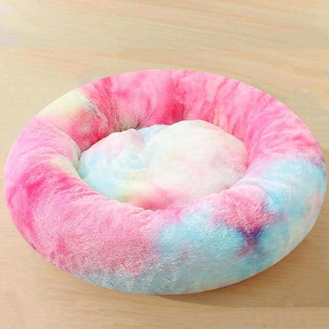 Calming Dog Bed Cat Bed, 24 Inch Donut Fluffy Anti-Anxiety Round Bed Washable Cute Bed, Cuddler Warming Cozy Soft Bed, Plush Cushion Bed for Small Medium Dogs and Cats (Rainbow)