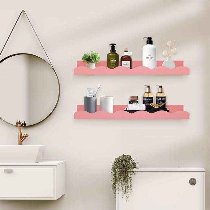 Nursery Book Shelves, 4 Pack Pink Floating Shelves for Wall, Wood Scalloped Shelves for Storage Books, Wall Book Shelf for Kids Rooms, Bedroom, Toddler Room, Baby Room, Nursery Decor