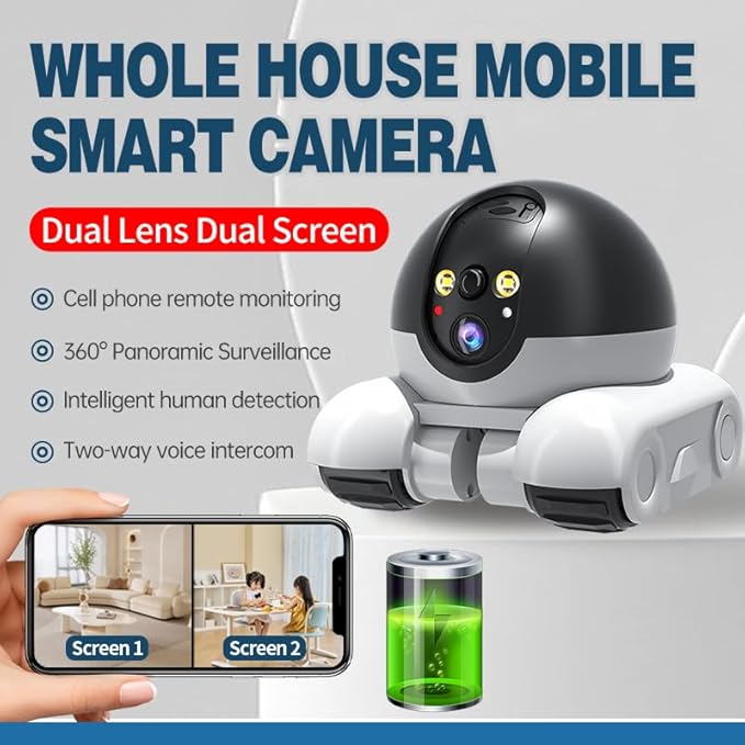 Vikye Robot Camera On Wheels,2MP Double Lens Moving Pet Camera,2 Way Talk 1080P WiFi Small Robot Cam for Cats Dogs
