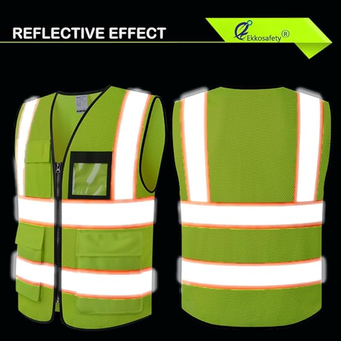 Reflective Mesh Safety Vest for Men Women with 8 Pockets and Zipper Front High Visibility Mesh Vest Hi Vis Construction Work Vest,Meets ANSI/ISEA Standards(EKH1-Yellow-L)