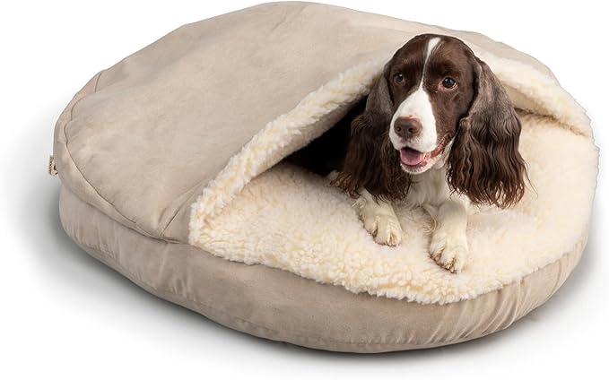 Snoozer Luxury Cozy Cave Dog Bed - Indoor Dog Bed with Cover Cave, Covered Calming Burrow for Small & Medium Sized Pets with Blanket Attached, Enclosed, Washable - Large, Buckskin