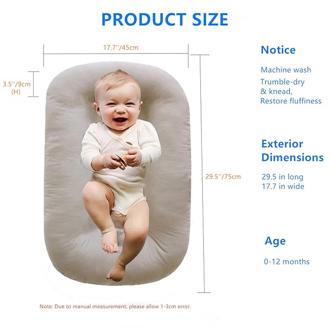 Baby Lounger Play Mat,Baby Lounger for Newborn Tummy Time for Baby in Flat Surface,0° Angle Newborn Lounger Baby Nest for Boys & Girls 0-12 Months(English Apricot)