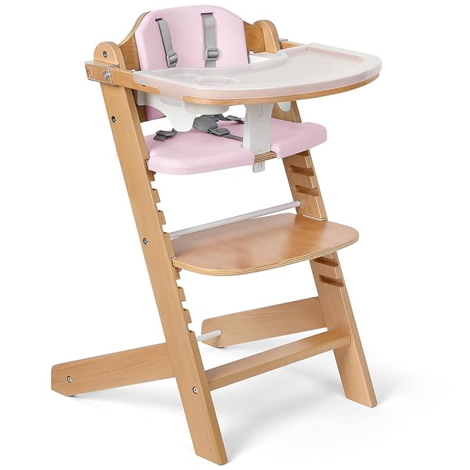 Cowiewie Natural Wooden High Chair for Babies & Toddlers 3-Tier Remove Adjustable Tray and Highchair with Cushions, Easy to Clean, Portable. (Pink)