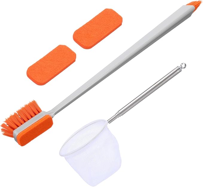 2 Pcs Small Fish Tank Cleaner Brush with Fishing Net Algae Scraper Fish Tank Brush Scrubber Sponge Tool Long Handle for Cleaning Glass Acrylic Aquariums Home Kitchen