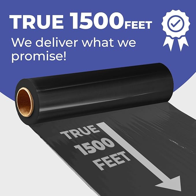 Rosmonde Bulk Black Plastic Wrap, 18" x 1500 ft, 20 Rolls Pack, 80 Gauge Heavy-Duty Pallet Shrink Wrap, True 1500 Ft, 3" Core, Puncture Resistant Stretch Wrap for Moving, Shipping & Secured Wrapping