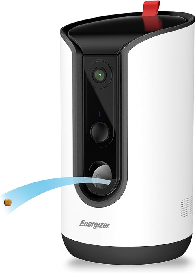 Energizer Smart Pet Treater with 2K Video Camera, 2-Way Audio, Night Vision, 5 Ghz & 2.4 Ghz Dual Band Wi-Fi, Motion Tracking, Recorded Messages, Dogs & Cats Remote Feeding, Cloud/MicroSD Card Storage