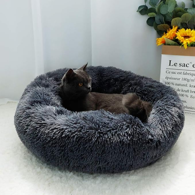 otoez Round Donut Dog Bed for Small Dogs, Washable Cat Calming Bed Cuddler Anti Anxiety Fluffy Plush Dog Cat Bed with Non-Slip Waterproof Bottom (23.6", Dark Grey)