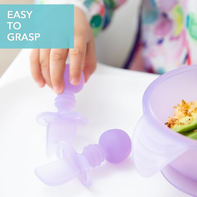 Bumkins Baby Utensils Set, Chewtensils Silicone Spoons for Dipping, Self-Feeding, Baby Led Weaning, Trainer Learning, First Stage Eating, Soft Practice Fork and Spoon, Babies 6 Months, Purple Jelly