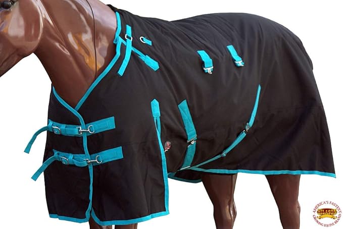 HILASON Black with Turquoise Trims 76 inch 1200D Winter Waterproof Poly Horse Turnout Blanket Belly Wrap