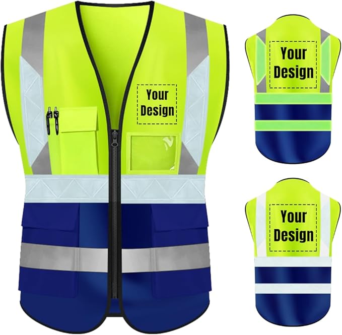 YOWESHOP High Visibility Safety Vest Custom Your Logo Protective Workwear 5 Pockets With Reflective Strips Outdoor Work Vest (4XL, Yellow Navy Luminous)