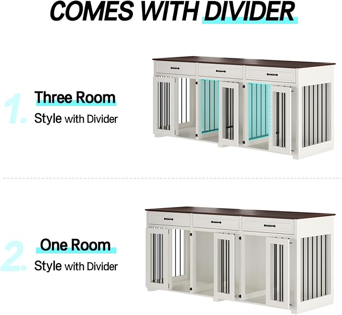 Dog Crate Furniture - Indoor Wooden Dog Kennel with 2 Dividers, 3 Drawers, and 3 Lockable Doors, 72"x23.6"x31.5"H, White