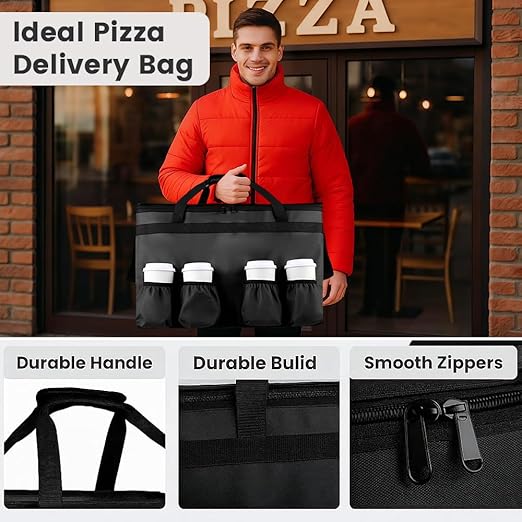 Insulated Food Delivery Bag with 4 Cup Holders, XX-Large Insulated Grocery Bags Keep Food Hot/Cold, Cooler Bags with Drink Carrier, Food Carrier Catering Bag, Commercial Food Warmers, Black