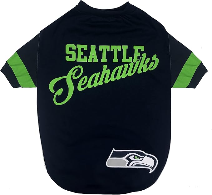 Pets First NFL Seattle Seahawks T-Shirt for Dogs & Cats, Large. Football Dog Shirt With Fashionable Stripe Design, Durable & Cute Sports Pet Tee Outfit (SEA-4146-LG)