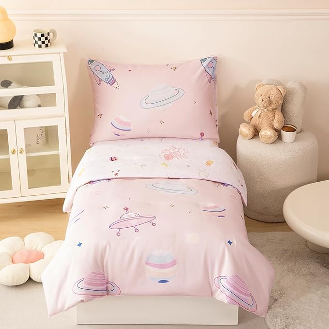 PERFEMET 4 Piece Toddler Girl Bedding Set Space Theme Pink Toddler Bed Set with Sheets Soft Reversible Astronaut Planets Crib Bed Comforter for Kids Girls