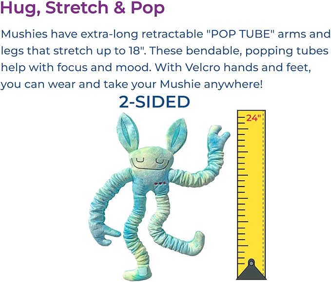 Mushies Stretchable Pop Tube Toy – Extra-Long 18" Retractable Arms/Legs, Hook and Loop Hands/Feet – Wearable, Bendable Fidget for Focus, Mood & On-The-Go Fun