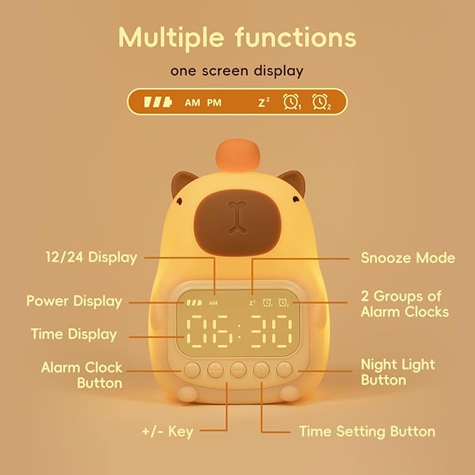 Capybara Alarm Clock with Night Light for Kids, Cute Toddler Alarm Clocks for Bedrooms Ok to Wake Clocks for Girls and Boys, Silicone Animal Tabletop Lamp for Kid, RGB Color