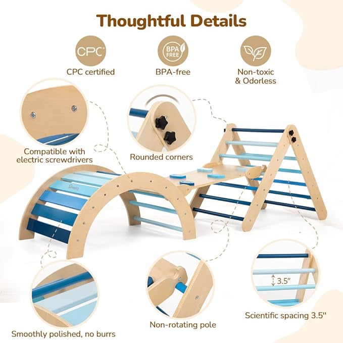 Pikler Triangle Set with Cushion, 8-in-1 Toddler Climbing Toys Indoor, Wooden Montessori Climbing Set with Arch Ramp,Ladder&Tent Cloth, Baby Indoor Climber Jungle Gyms for Toddlers Toy, Blue