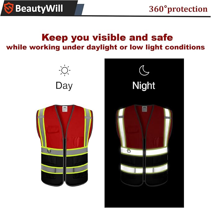 10 Pack Custom Safety Vest Customized Logo Mesh Vest Class 2 High Visibility Reflective Vest with Pockets Workwear（Red Black，XXL ）
