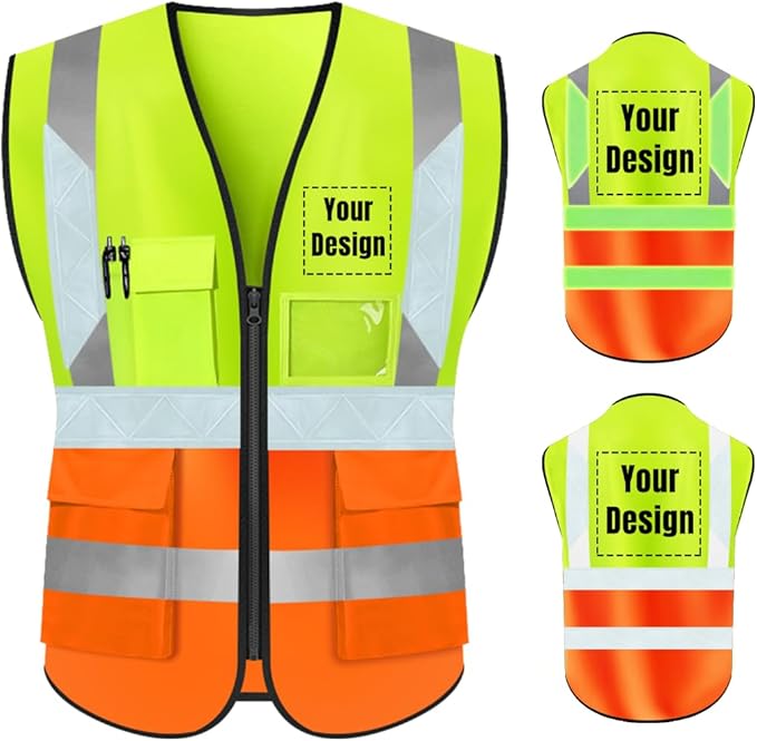 YOWESHOP High Visibility Safety Vest Custom Your Logo Protective Workwear 5 Pockets With Reflective Strips Outdoor Work Vest (S, Yellow Orange Luminous)
