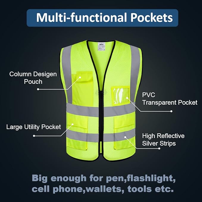 BeautyWill 10 Pack Custom Logo Mesh Safety Vest Class2 High Visibility Reflective Vest with 5 Pockets Construction Security Work Vest ANSI/ISEA Standards（Yellow，3XL ）