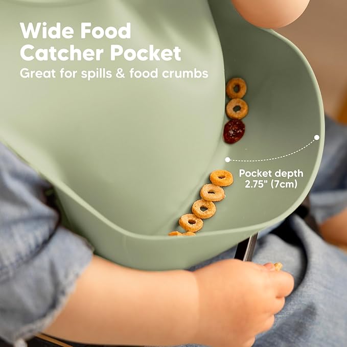 KeaBabies 2-Pack Silicone Baby Bibs for Eating - Sturdy Food-Grade Silicone Bibs for Babies Girl, Boy, Large Food Catcher, Clean & Put On Easily, Waterproof Toddler Feeding Essentials (Sage)