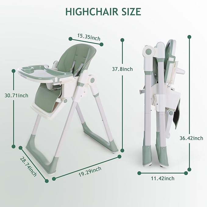 3 in 1 Baby High Chair with Wheels, Adjustable 5 Point Harness, Tray, Foot Rest, Backrest and Seat Height, Foldable High Chair for Toddlers, Green