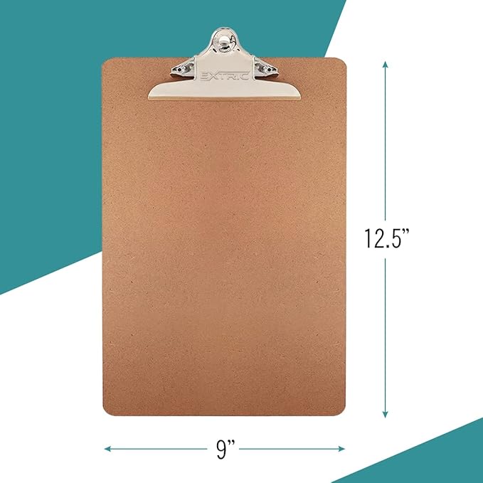 12 Clipboards, Standard A4 Letter Size Clipboard with 6" Metal Clip, 9" x 12.5", Fits 8.5x11 Inch Paper, Hardboard, Bulk Pack, Ideal for Schools and Office