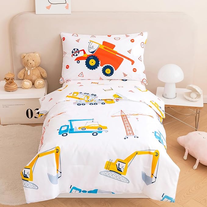 PERFEMET 4 Pieces Construction Toddler Bedding Set Excavator Truck Boy Toddler Bed in A Bag Colorful Reversible Cartoon Tractors White Crib Comforter Set for All Seasons(White, Truck/Tractor)
