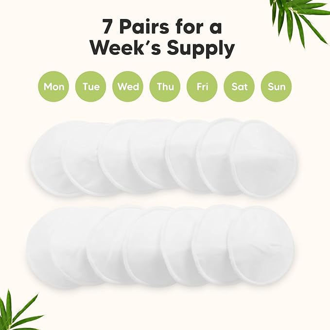 Organic Nursing Pads - 14 Washable Viscose Derived from Bamboo Breastfeeding Pads, Wash Bag, Reusable Breast Pads for Breastfeeding, Nipple Pads for Breastfeeding Essentials(Soft White, M 3.9")