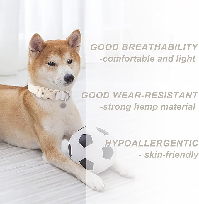 DOGWONG Cotton Hemp Dog Collar, Heavy-Duty White Dog Collar Adjustable Soft Natural Fabric Pet Dog Collar Cute Wedding Puppy Necklace for Small Medium Large Dogs