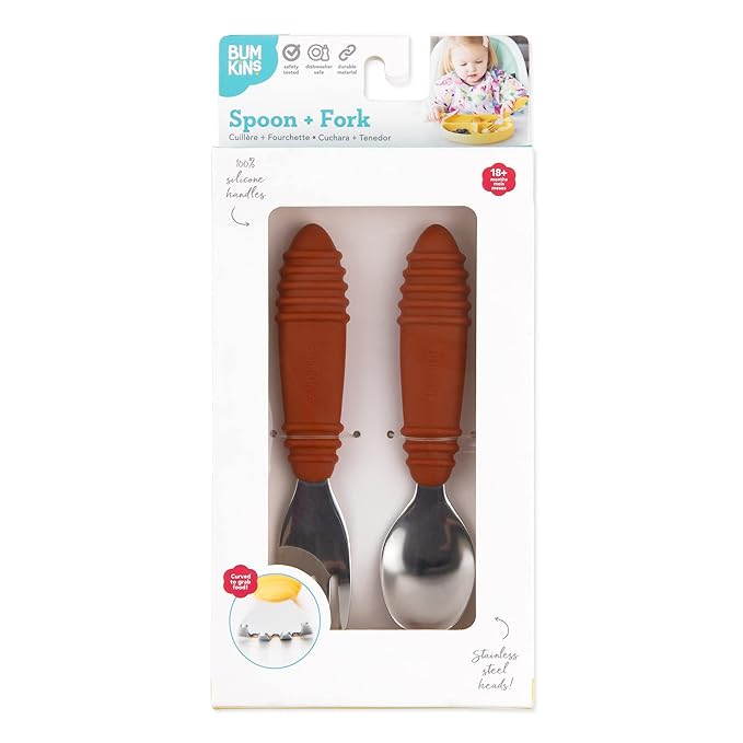 Bumkins Toddler Utensils, Kids Size Fork and Spoon Set, Silicone and Stainless-Steel Training Silverware, Angled Forks/Sporks for Self-Feeding, Children Hold Learning to Eat, 18 Months Up, Clay