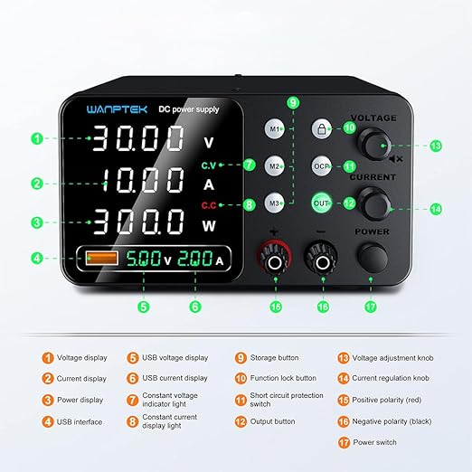 DC Power Supply Variable, 120V 3A Adjustable Switching Regulated Bench Power Supplies with Memory Preset/Locking Key/OCP Protection/Output/USB Fast Charging /4-Digit LED Display