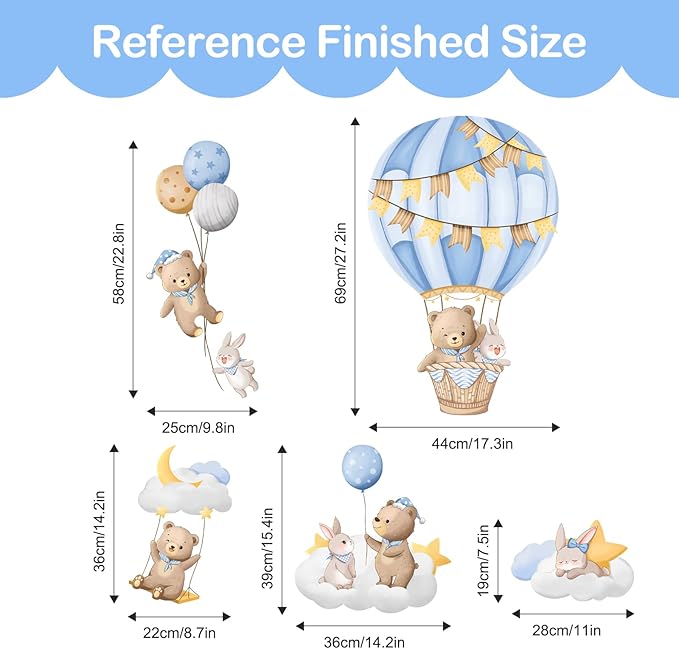 Tanlaby Blue Hot Air Balloon Wall Stickers Cartoon Bear Rabbit Stars Planets Wall Decals Peel and Stick Art Decor for Nursery Kids Bedroom Playroom Daycare Classroom
