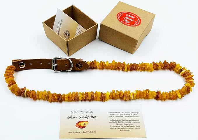 Amber Collars for Dogs & Cats - Baltic Amber Dog & Cat Collar with Adjustable Leather Strap - Raw Knotted Amber Beads (20-25cm)