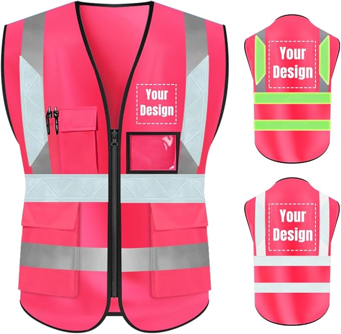 YOWESHOP High Visibility Safety Vest Custom Your Logo Protective Workwear 5 Pockets With Reflective Strips Outdoor Work Vest (M, Pink Luminous)