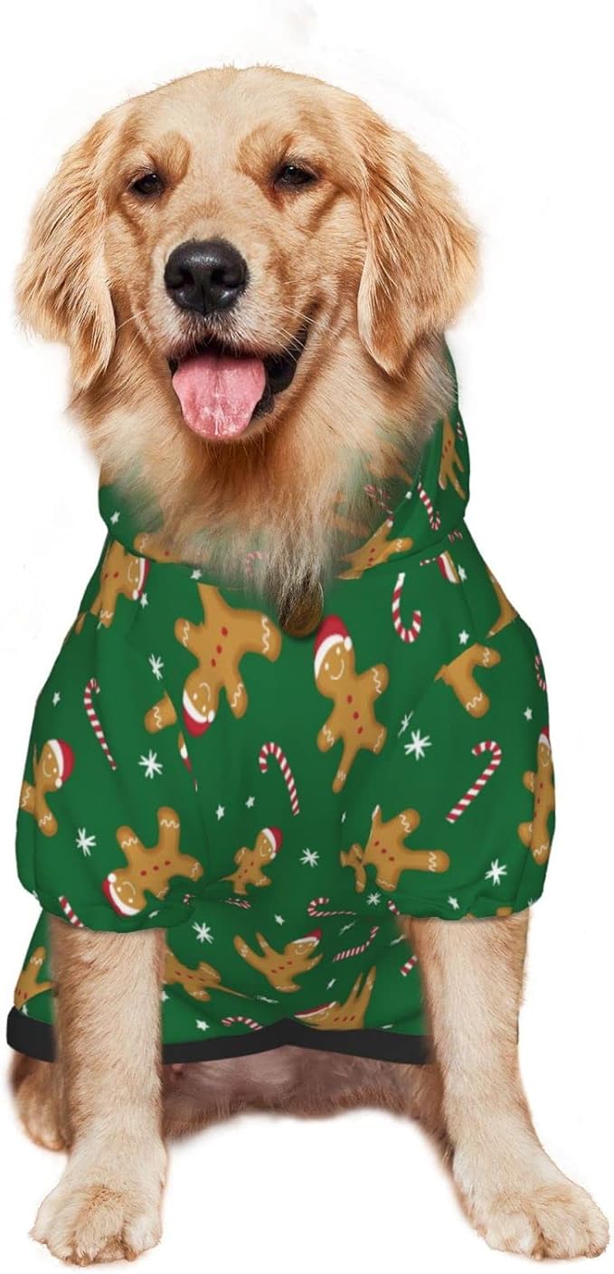 Green Christmas Gingerbread Men Candies Hoodie,Christmas Cosplay Dog Clothes with Pocket and Hat Winter Clothes Sweaters XXX-Large