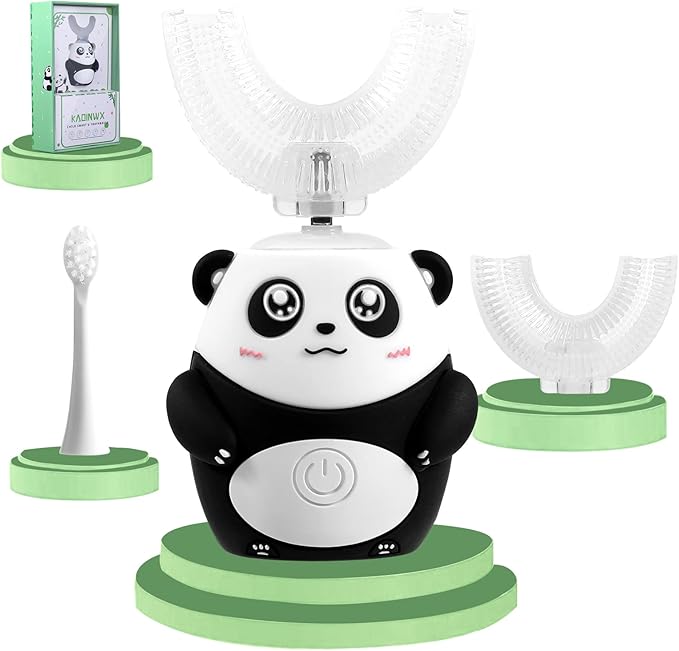 Kids U Shaped Electric Toothbrush for Age 2-12, Rechargeable Toddler Toothbrush with Smart Timer & 3 Clean Modes, Panda Design, IPX7 Waterproof, 3 Brush Heads & 360°Cleaning