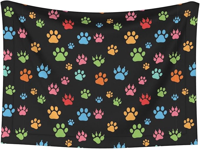 Two Sided Plush Pet Blanket for Crates Carriers Home Use, Pink Red Blue Green Dog Pug Paws, Reversible Throw with Cozy Dot Fabric and Silky Reverse for Small Large Pets