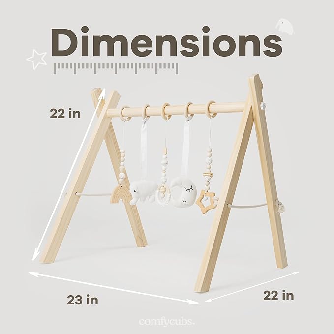 Comfy Cubs Wooden Baby Play Gym - Natural Finish Pinewood Baby Activity Gym with 5 Sensory Hanging Toys - Easy No-Tool Assembly, Safe and Durable for Infant Motor and Visual Development - Natural Wood