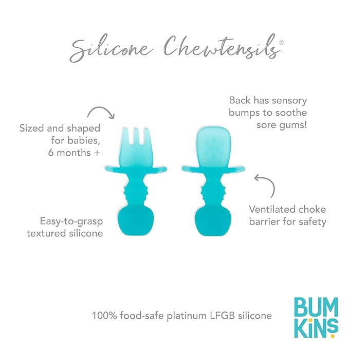 Bumkins Baby Utensils Set, Chewtensils Silicone Spoons for Dipping, Self-Feeding, Baby Led Weaning, Trainer Learning, First Stage Eating, Soft Practice Fork and Spoon, Babies 6 Months, Blue Jelly