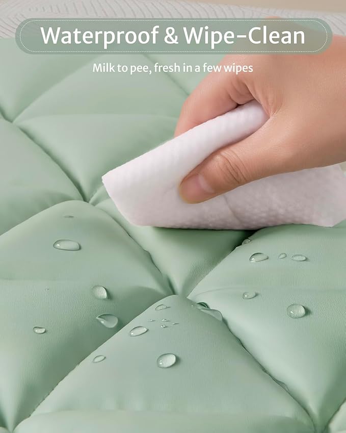 Blissful Diary Waterproof Baby Play Gym Mat, Wipe-Clean Vegan Leather Tummy Time Mat with 6 Detachable Toys, Baby Activity Mat, Sage Green