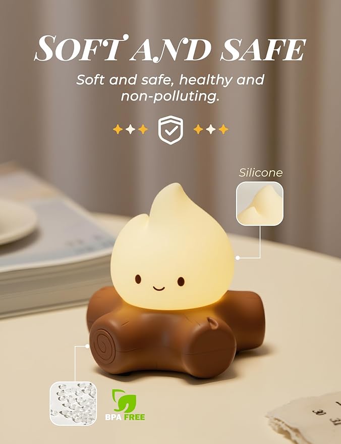 3pcs Campfire Night Light for Kids, Cute Campfire Lamp Gifts, LED Light up Flame Lights, Dimmable, Rechargeable Bedside Nightlight, Baby Nursery Dorm Kawaii Décor Toys Kits