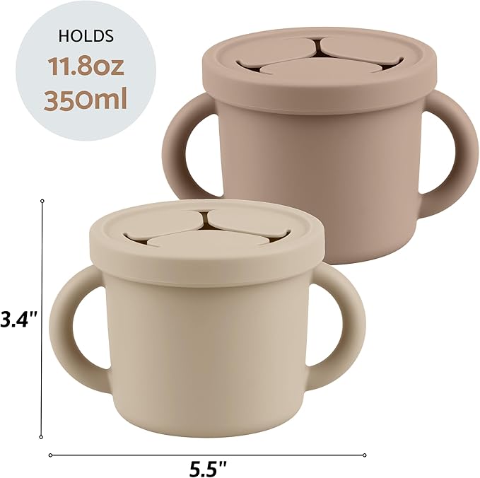 Snack Containers for Toddlers, Kids - 2 Pack Food Grade Silicone Snack Cups with Grip Handle (Sand/Natural)