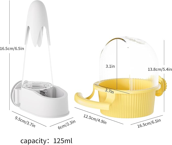 No Mess Bird Feeder Water Dispenser Set, Automatic Hydration, Bird Cage Accessories for Cockatiels Parrots Lovebirds Canarys Finches Budgies and Other Small to Medium Sized Birds (Yellow + White)