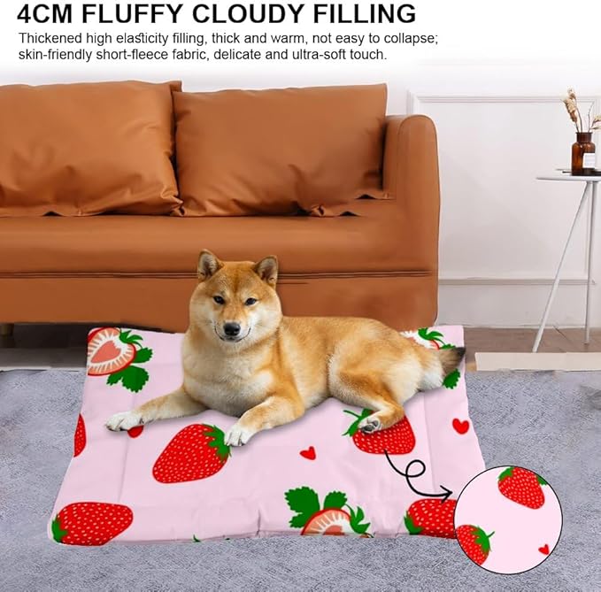 Cute Strawberry Fruit Pink Rectangle Dog Bed Dog Sleeping Mat Puppy Pad Bedding for Crate Washable Non-Slip Crate Bed Doggy Mat for Car Backseat Tapete para Perros Indoor Outdoor 24X18 Inch
