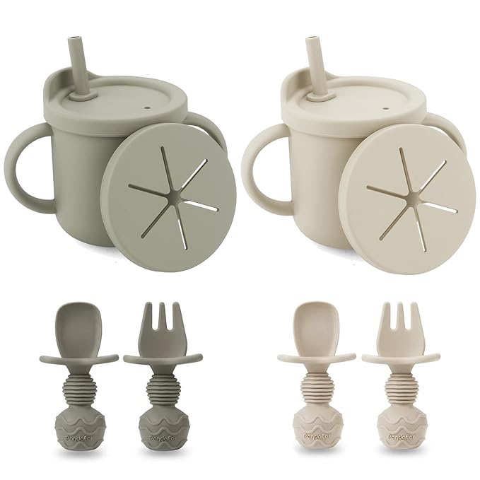 PandaEar 2 Pack Silicone Baby Straw & Snack Cup with 2 Spoons 2 Forks, Dual-Purpose Toddler Training Cups, Light Tan/Walnut