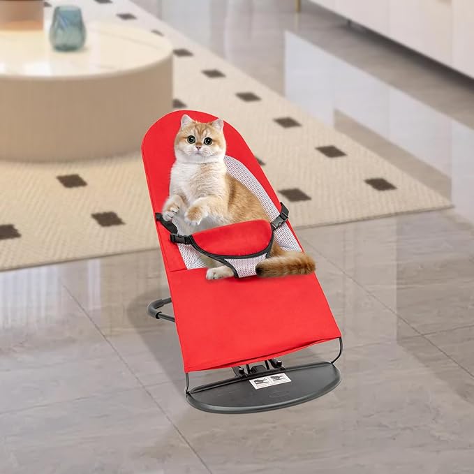 Pet Rocking Chair for Small Dogs & Cats, Portable Foldable Pet Rocker with 3-Level Height Adjustment & 33lbs Capacity, Washable Breathable Indoor/Outdoor Fur Baby Bouncer Bed (Red)